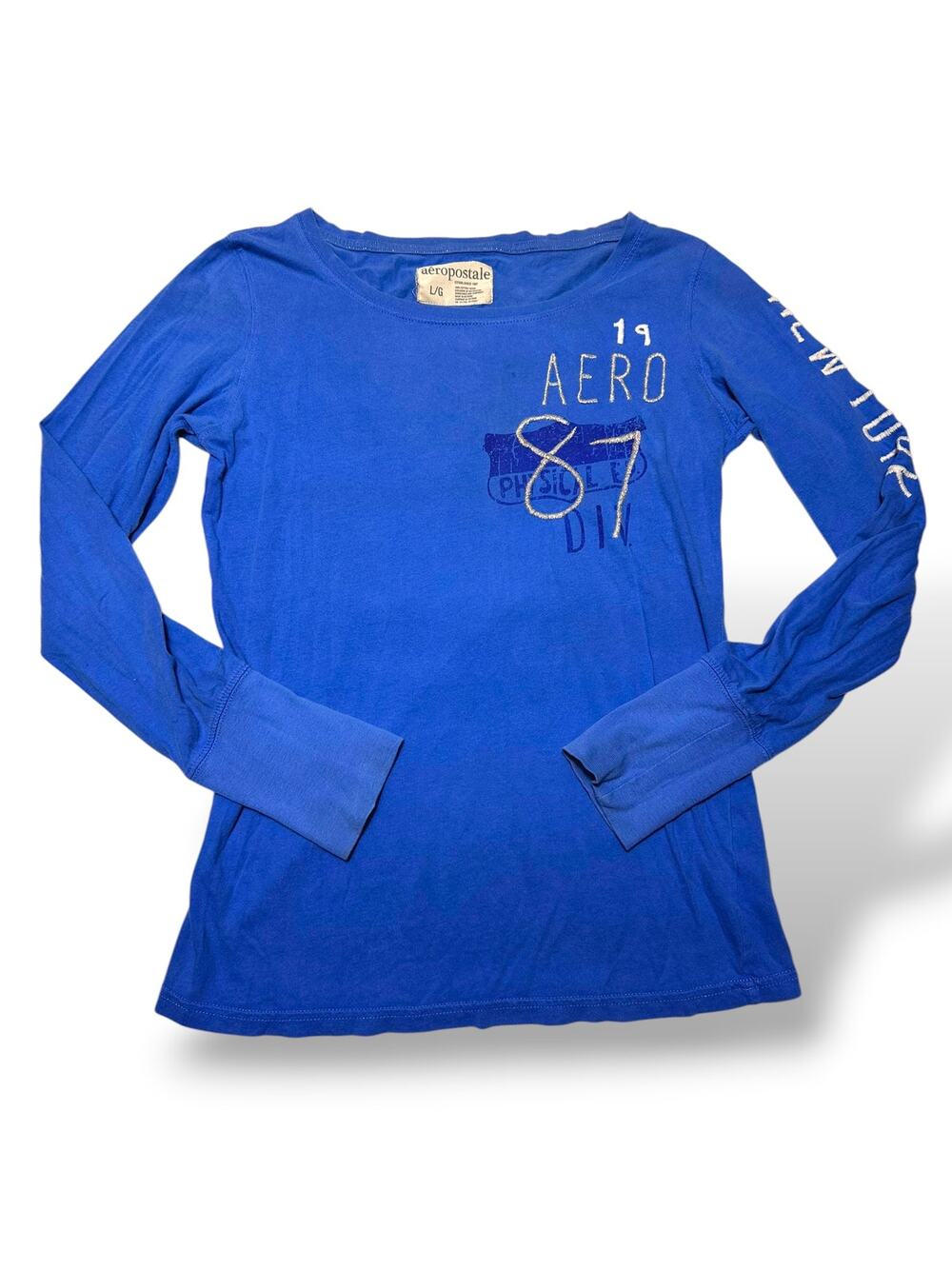 Y2K Aeropostale Blue Long Sleeve "Aero 87" Embroidered Tee Size Large